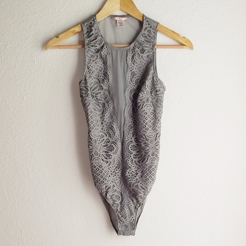 Victorias Secret Sheer Bodysuit Lace Crochet Grey Gray Teddy Small Like-New